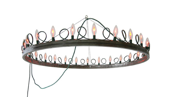 The Arthur Chandelier by Kennedy Telford. Flicker Flame bulbs arranged around a steel ring form a circle of flickering, regal light. Contemporary art, design, and objects from Oscar & Kennedy.